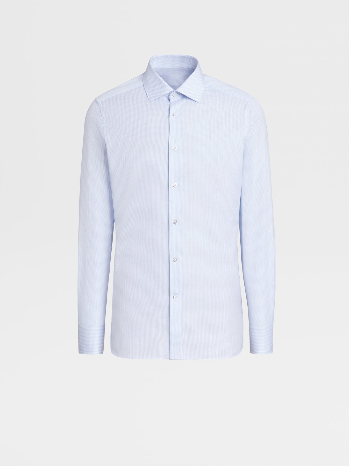 淺藍色與白色 TROFEO 棉絲小格紋長袖襯衫