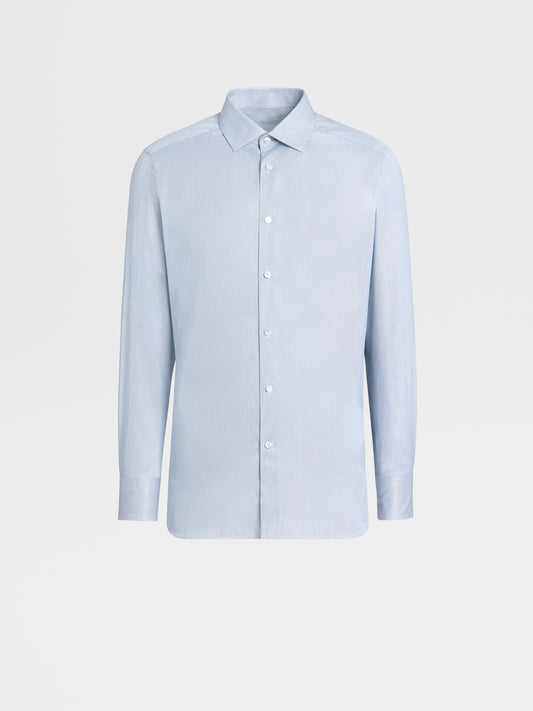 海軍藍與白色 TROFEO 棉絲小條紋長袖襯衫
