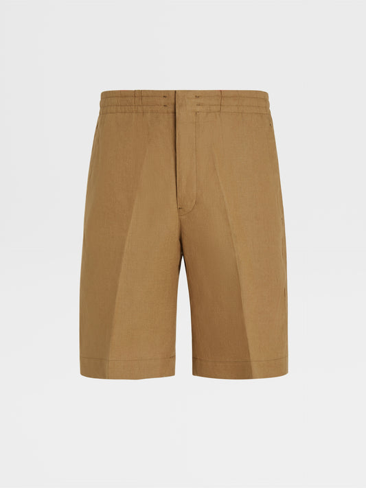 淺軍綠色純亞麻短褲