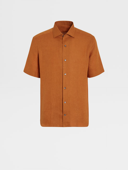 橘色純亞麻短袖襯衫